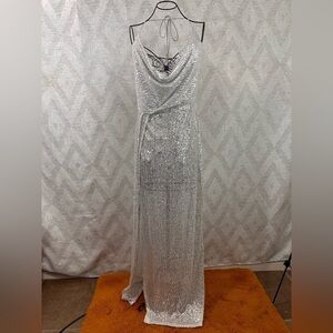 Lucy in the Sky Kaira cowl neck silver sequin maxi dress with leg slit size L